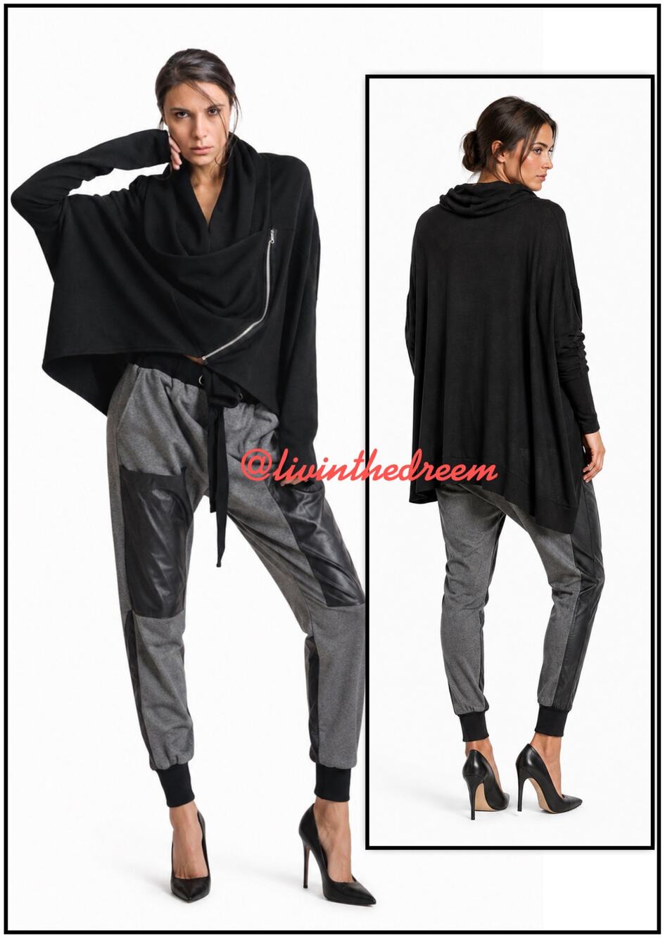 John Eshaya Black & Grey Loose Asymmetric Cardigan Side Zipper O/S $139